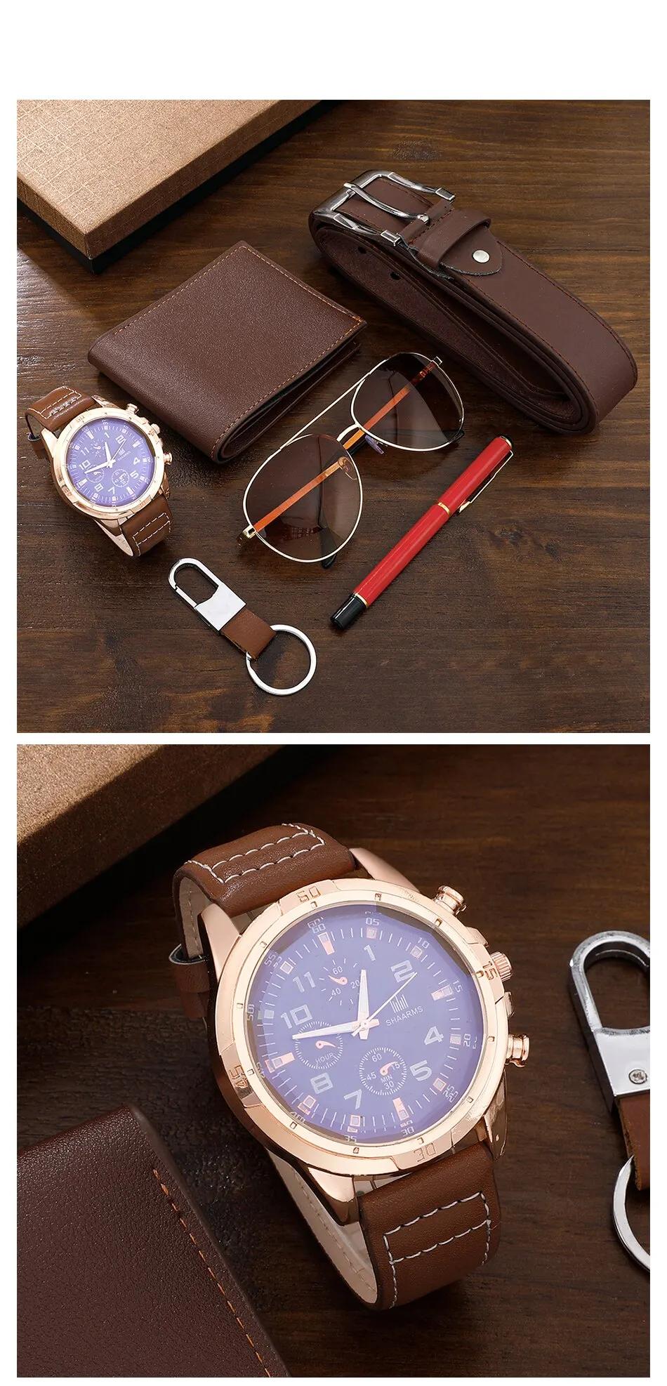 Men Gift Watch Business Luxury Company Mens Set 6 em 1 Watch Glasses Pen Keychain Belt Purse Bem-vindo Holiday Birthday