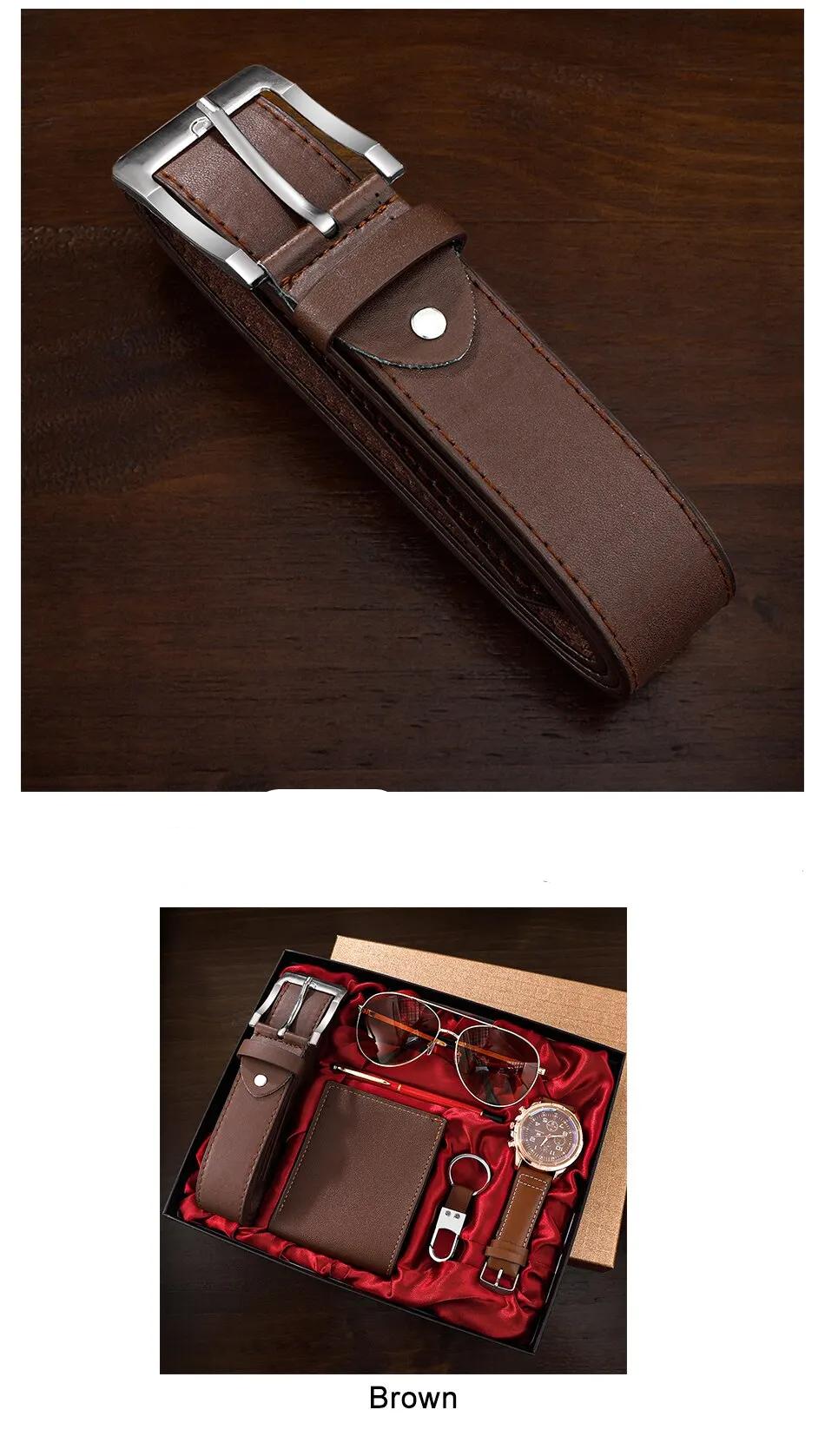 Men Gift Watch Business Luxury Company Mens Set 6 em 1 Watch Glasses Pen Keychain Belt Purse Bem-vindo Holiday Birthday