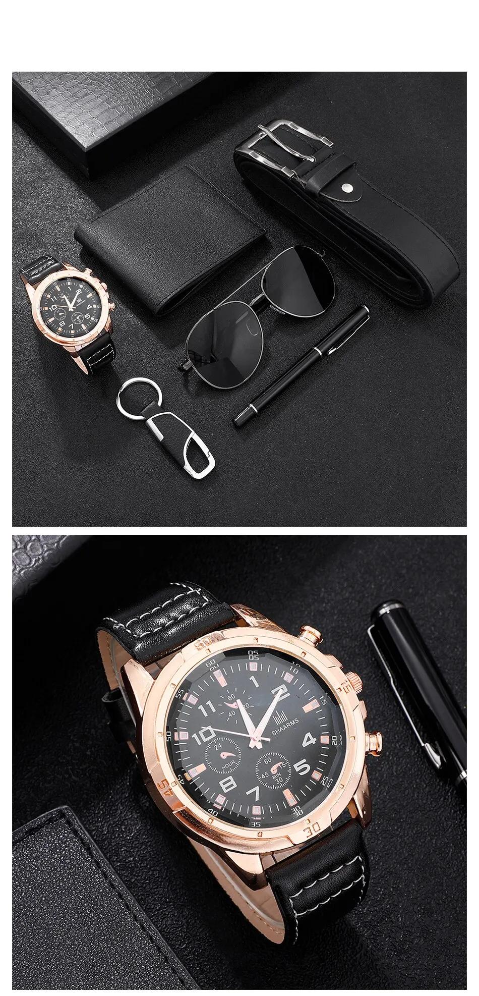 Men Gift Watch Business Luxury Company Mens Set 6 em 1 Watch Glasses Pen Keychain Belt Purse Bem-vindo Holiday Birthday