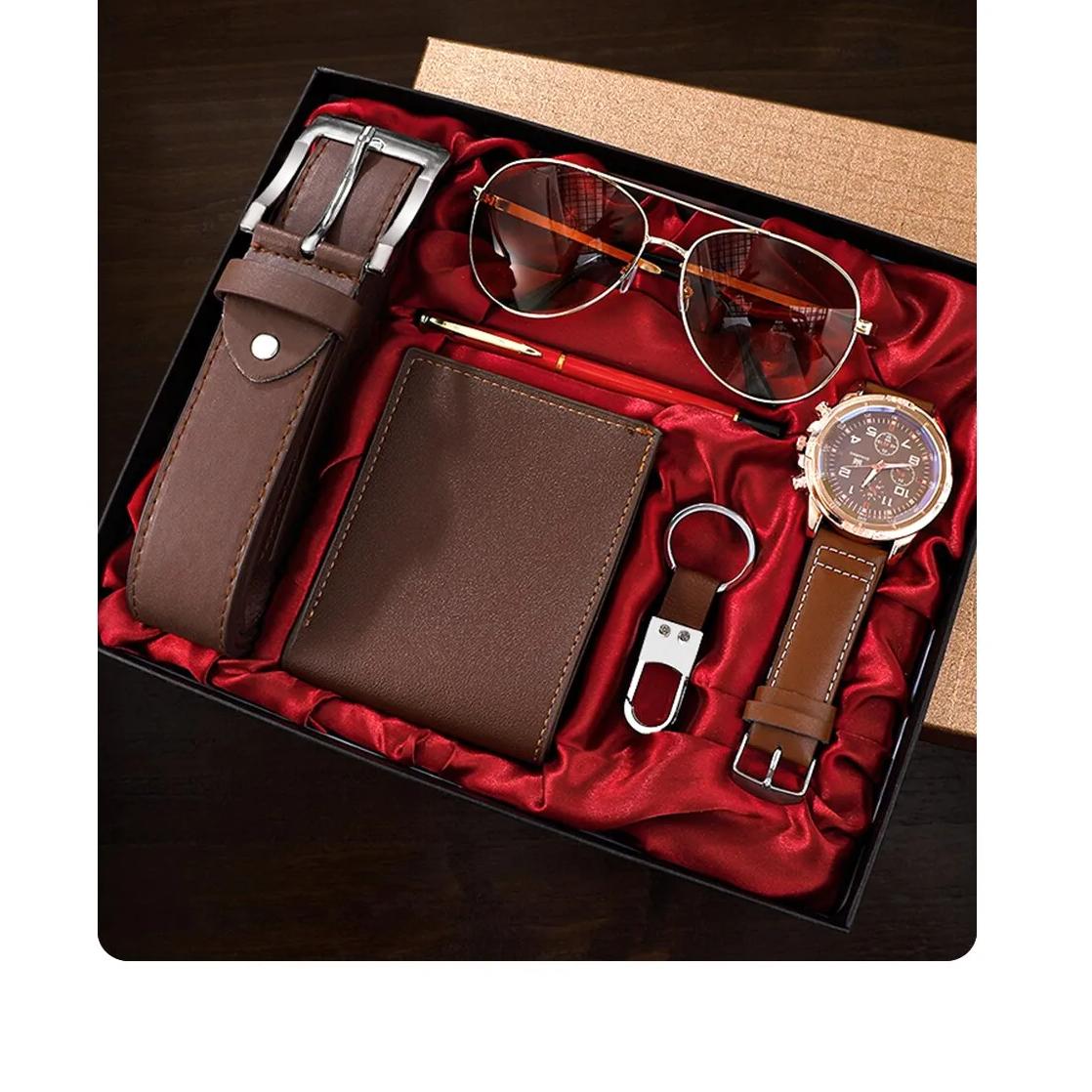 Men Gift Watch Business Luxury Company Mens Set 6 em 1 Watch Glasses Pen Keychain Belt Purse Bem-vindo Holiday Birthday