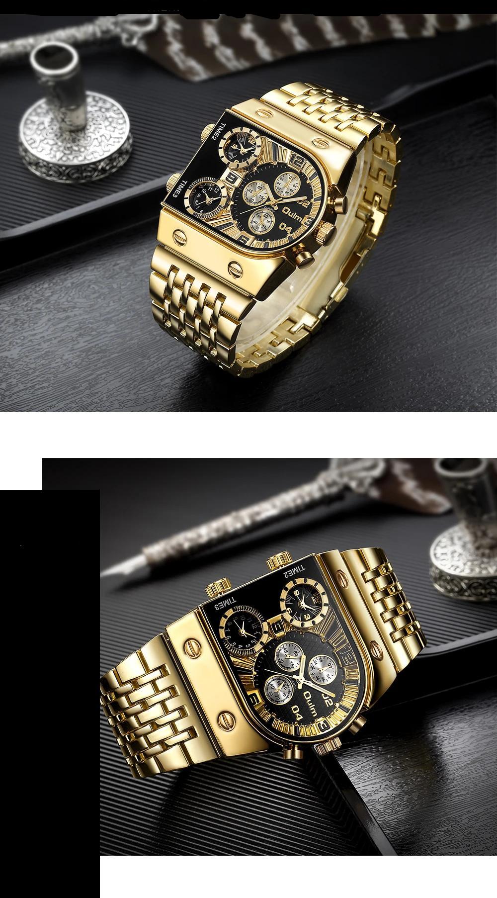 Oulm 9315 Golden Male Watch Three Time Zone Hours Men Quartz Wristwatches Luxury Brand Full Steel Military Watches